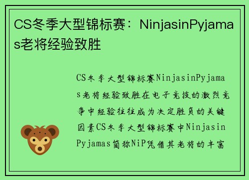 CS冬季大型锦标赛：NinjasinPyjamas老将经验致胜