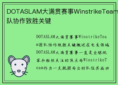 DOTASLAM大满贯赛事WinstrikeTeam团队协作致胜关键